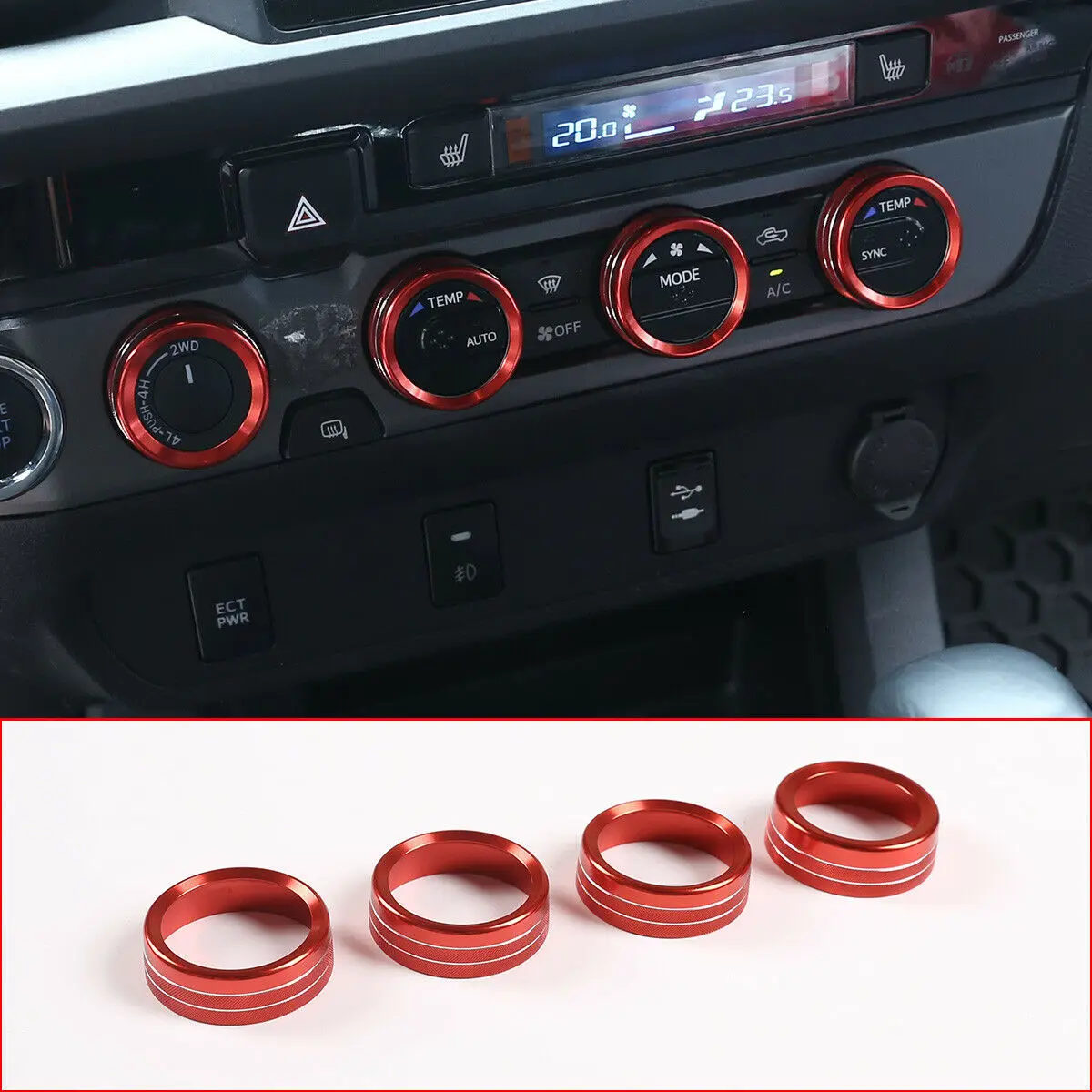 

4pcs Car Air Conditioner Switch CD Button Knobs Ring Trim Decor Alloy Red fit for Toyota Tacoma 2016 2017 2018 2019 2020
