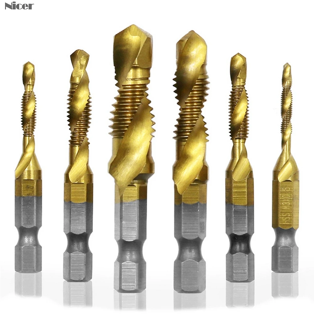 

6Pcs M3-M10 Hex Shank Titanium Plated HSS Screw Thread Metric Tap Drill Bits