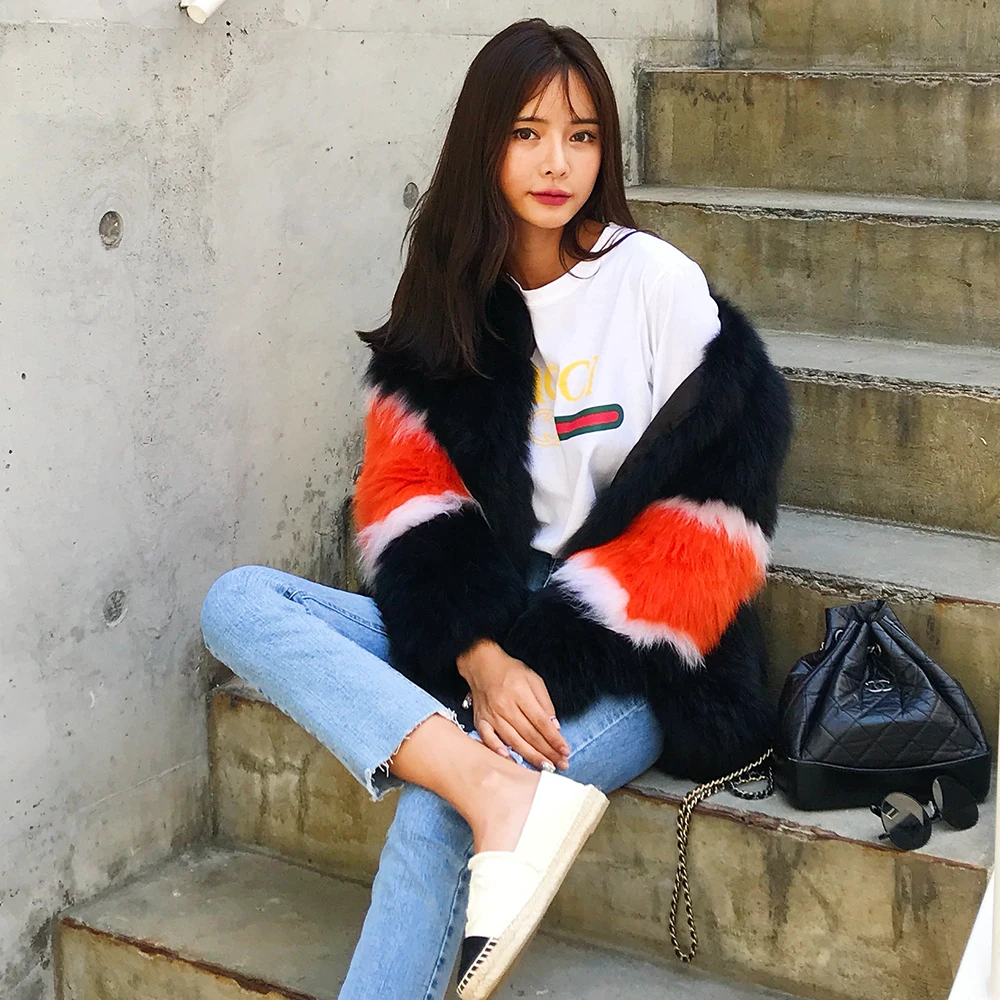 Женское пальто из лисьего меха черная куртка в Корейском стиле длинное на осень и