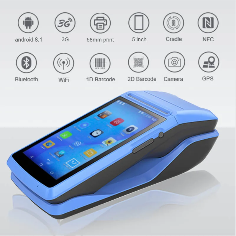 

Handheld Android 8.1 Pos Terminal Printer With Bluetooth Thermal Receipt Printer 3G WiFi Mobile Order POS PDA