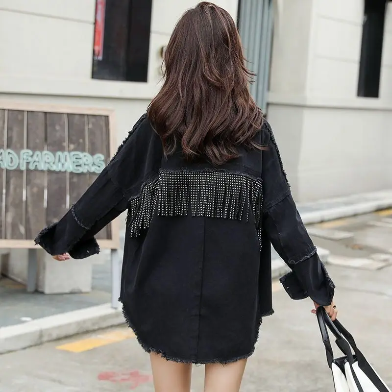 

2020 Vintage Stylish Fringe Loose Denim Jacket Coat Women Fashion Long Sleeve Frayed Trim Ladies Outerwear