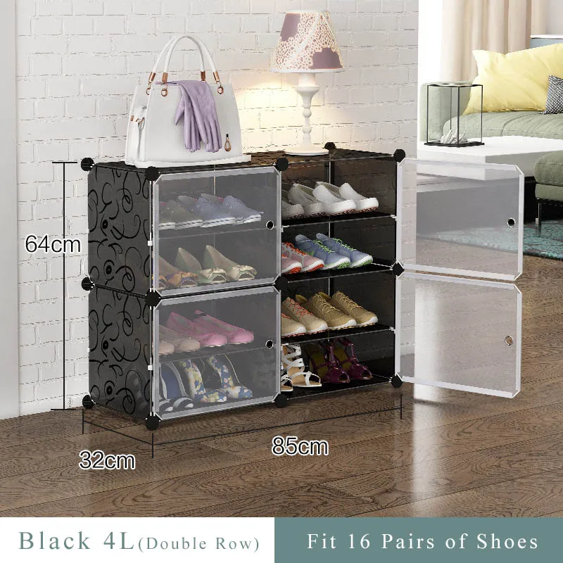Black 4L Double-row Shoe Rack Home Dustproof Modular Closet Furniture Shoes Cabinet Door Space-saving Shoe Organizer Keep Room Neat - Цвет: Black 4L