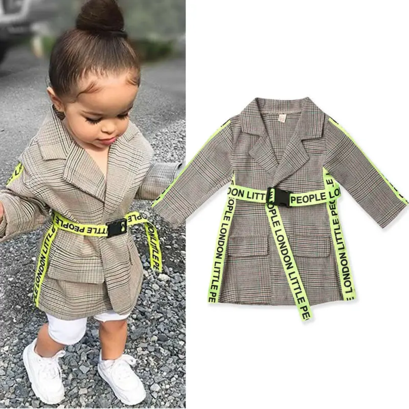 

Toddler Kids Girl Belted Plaid Print Long Coats Baby Girl Long Sleeve Jacket Autumn Winter Casual Clothes Outwear Coat 0-5Y