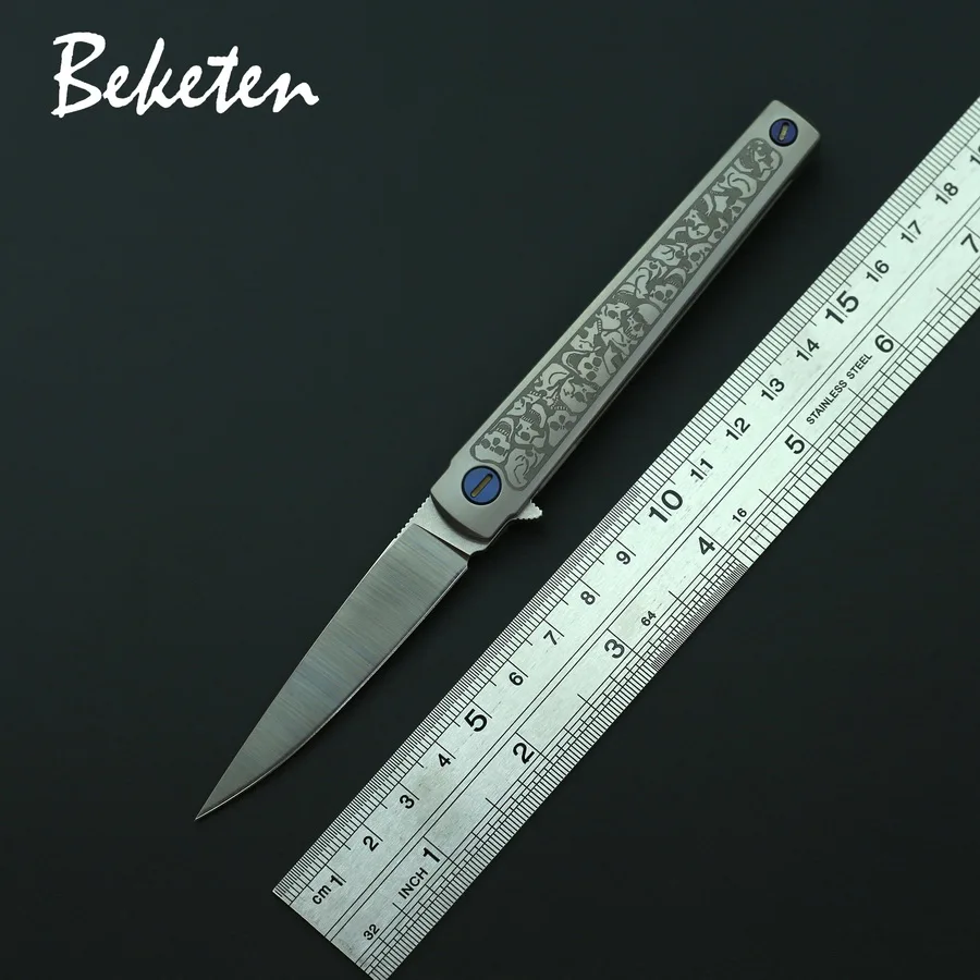 

Складной нож BEKETEN, карманный резец с титановой ручкой, лезвие M390, для повседневного использования, кемпинга, охоты, чемодана, кожаный чехол