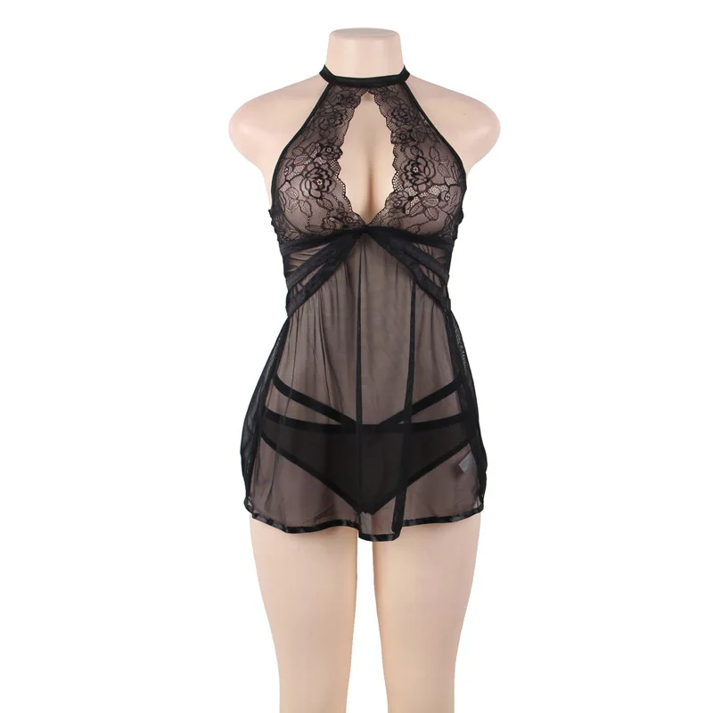 

Large Size Sexy Lingerie Hanging Neck Sling Nightdress Open Back Lace Pajamas