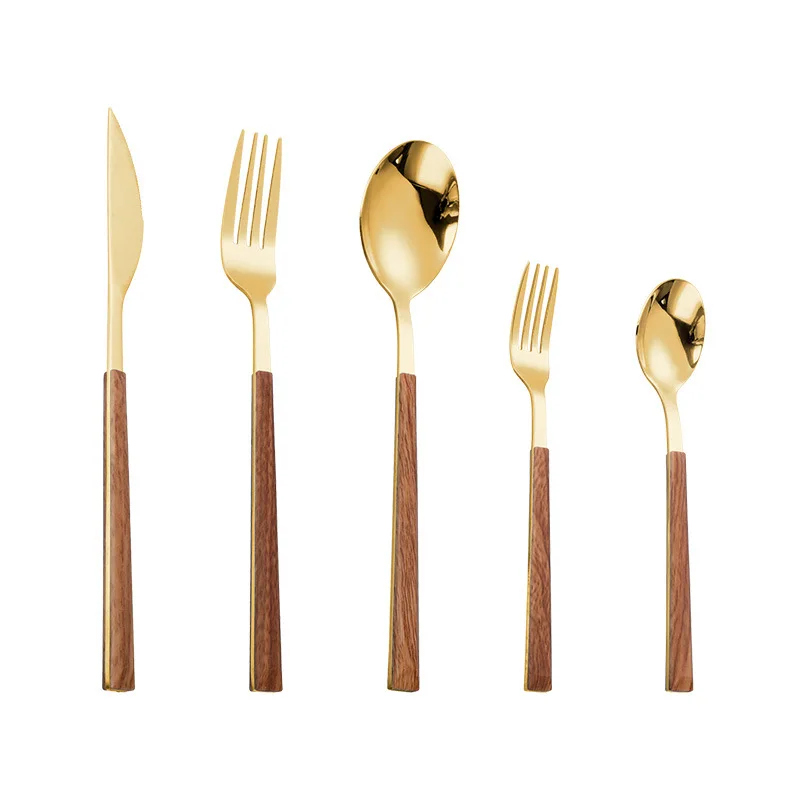 

Wood Grain Square Handle 4-Piece Set of Stainless Steel Tablewares Gift Set Creative Japanese Western Food Knife Fork Spoon