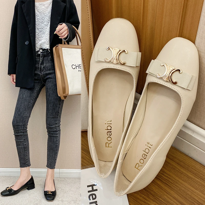 

Туфли женские на плоской подошве, круглый носок, металлическая пряжка, толстый каблук, однотонные, Ретро стиль