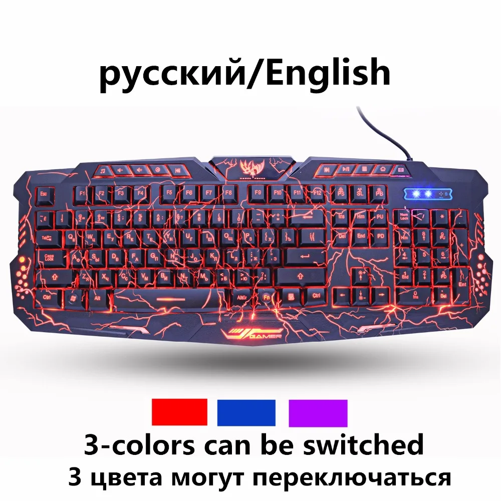

Gaming Keyboard 114 Keys Crack 3-Color Breathing Backlit USB Wired Waterproof Game Keyboard For Laptop PC Russian Sticker