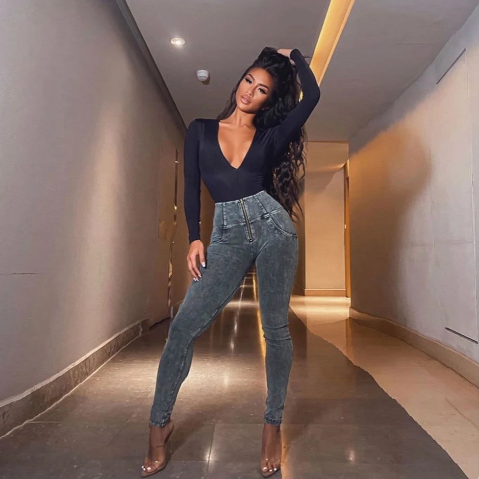 

Shascullfites Melody Denim Jeans Elastic Waist Super Stretch High Waist Grey Jeans Outfit Butt Shaper Pants Compression Garments