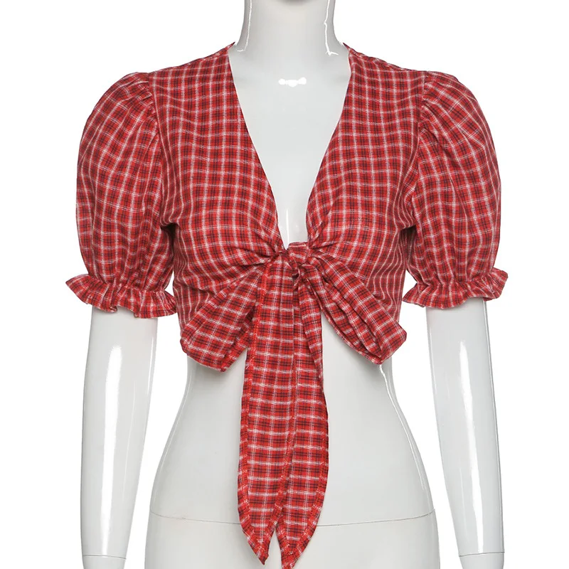 

Women's Sexy Tie Up Crop Top Short Puff Sleeve Bowknot Plaid Tee V Neck Wrap Basic Short Exposed Navel Streetwear