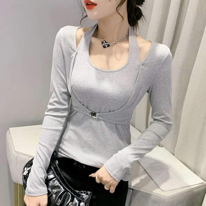 

#8931 Grey Black False Two Piece T Shirt Women Cotton Hollow Out Sexy Basic T-shirt Femme Slim Korean Style Women T Shirt Autumn