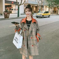 double breasted jacket femme mid length 2021 new korean color contrast temperament retro plaid belt trench coat women lining 11