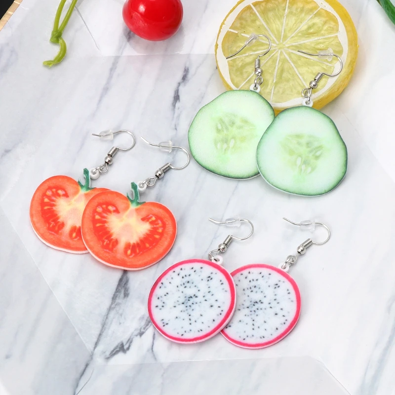 

9 Pairs Cute Acrylic Fruit Drop Dangle Earrings Sets Tomato Kiwi Orange Jewelry