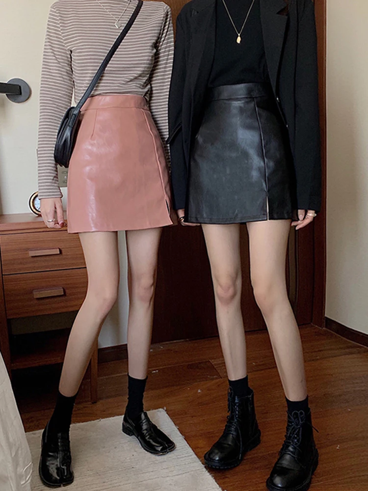 

Spring Summer Black Skirt 2020 New Korean Fashion Style Sheath Retro PU Leather High Waist A line vintage harajuku mini Skirts