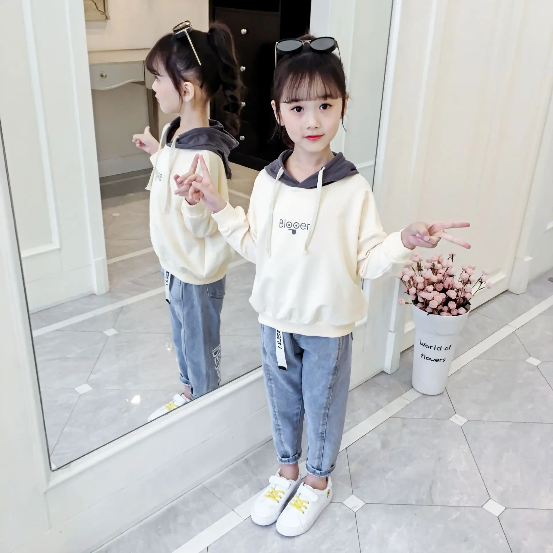 Jean Hooded Spring Summer Children's Clothes Set Baby Girls Sweatshirts+ Pants 2pcs/Set Kids Costume Teenage Girl Clothing High
