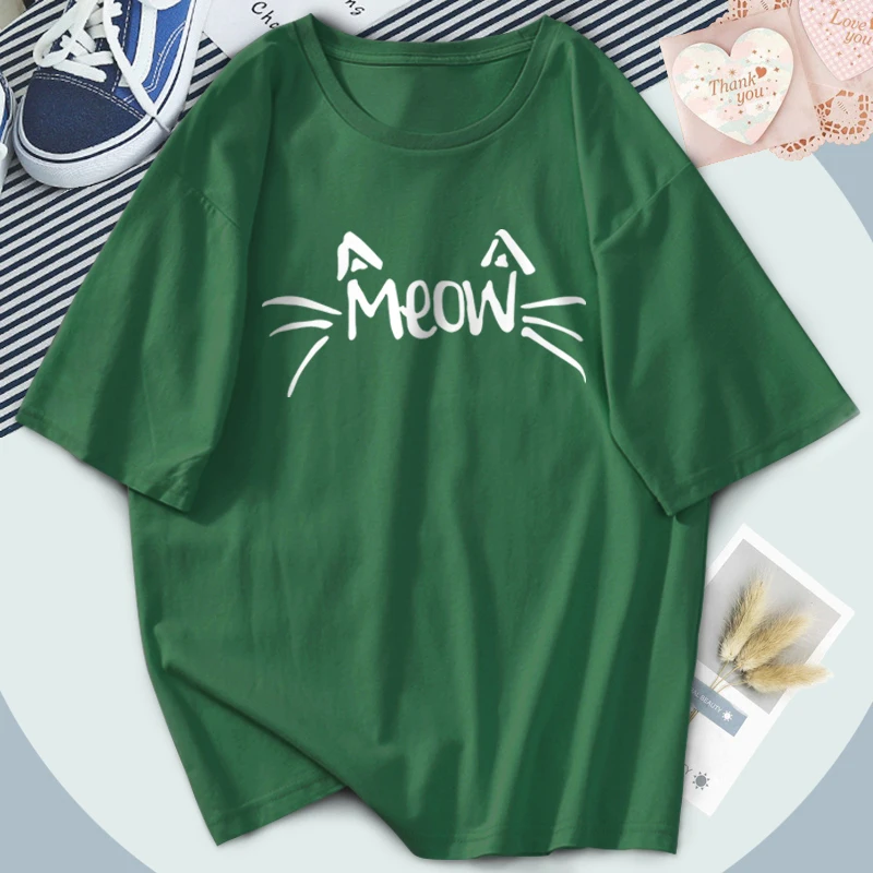 Женская футболка с принтом Meow Cats винтажная уличная круглым вырезом в стиле