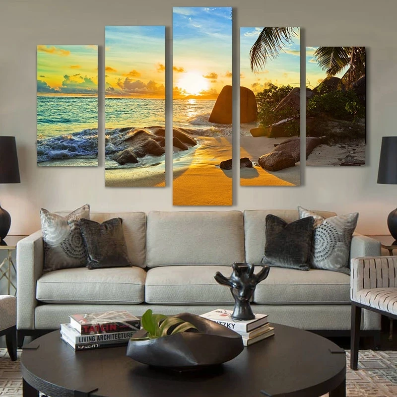 

Modern Home Wall Art Decor Modular Canvas Pictures Hd Print 5 Panel Ocean Sunset Beach Seascape Poster for Living Room Decor
