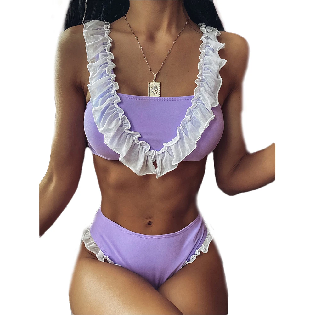 

Женский однотонный костюм из двух предметов, бикини, купальный костюм, модный сексуальный облегающий бюстгальтер с открытой спиной и оборк...