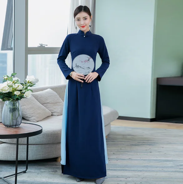 ao dai вьетнамская одежда Восточное традиционное платье с длинным рукавом aodai женское шелковое длинное платье Чонсам элегантное
