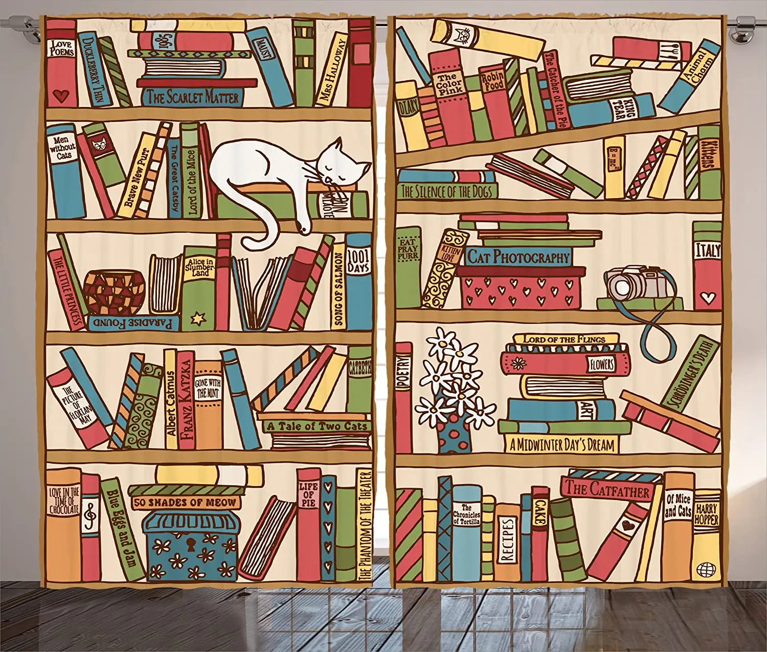 Занавеска для спальни кухни окна животное кошка библиотека книжная полка узор