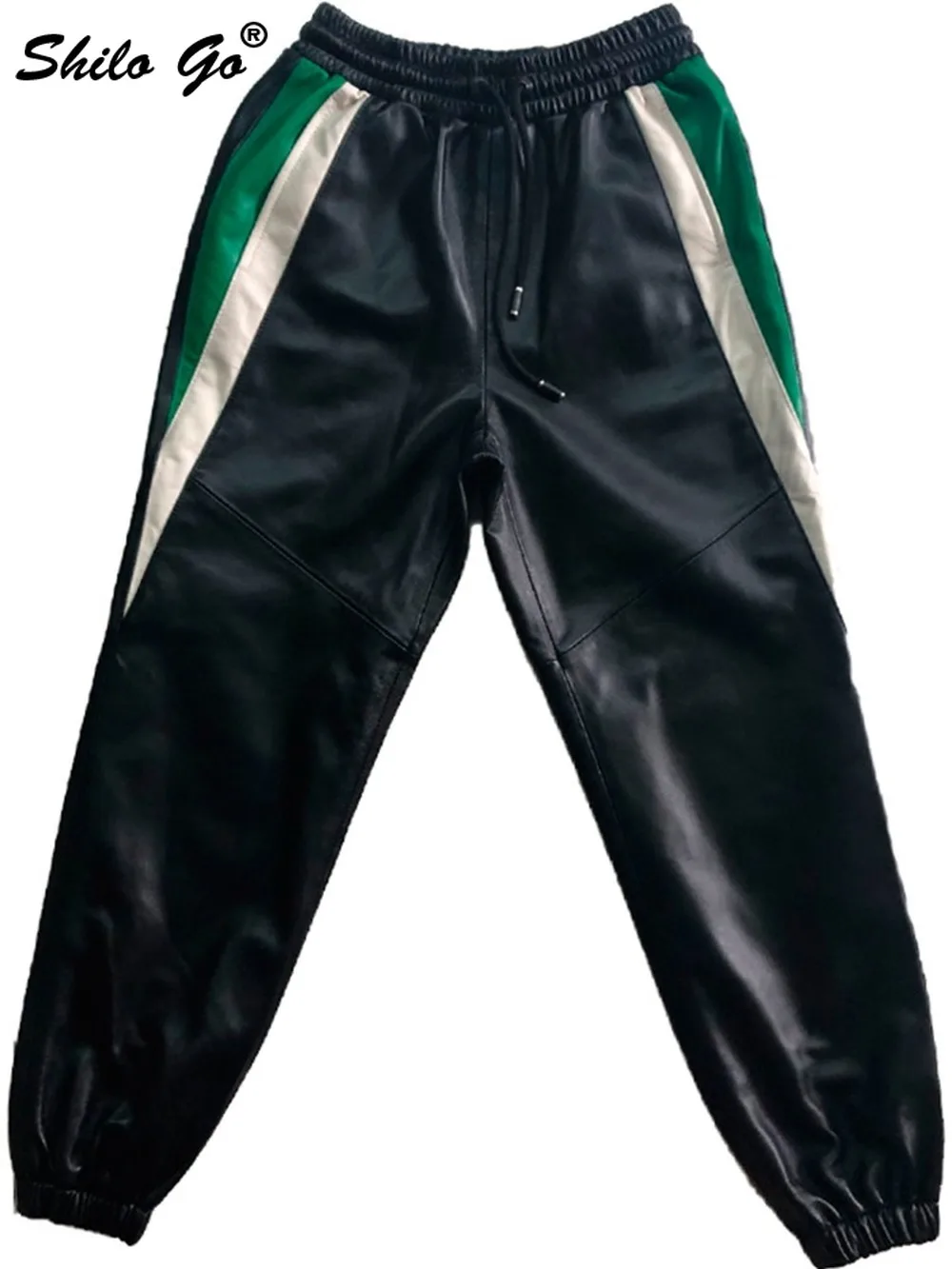 

Streetwear Drawstring Waist Panelled Pants Womens Winter Casual Genuine Leather Harem Pants Cut-and-Sew Sheepskin Trousers