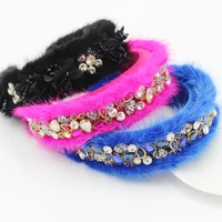 hot sale 2021 new rhinestone bling crystal faux fur headband furry diamond luxury hairband for women winter hair accessories