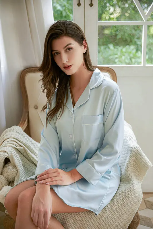 Атласная Шелковая пижама с длинным рукавом платье-рубашка ночная рубашка