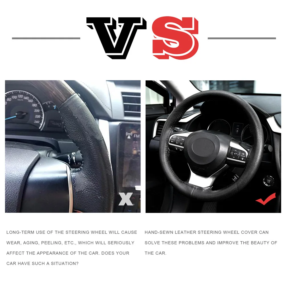 universal 38cm 15 genuine leather diy steering wheel cover hand stitched punched with needles thread car interior accessories free global shipping