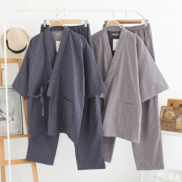 Хлопковый двухслойный марлевой плотный и мягкий мужской комплект кимоно в