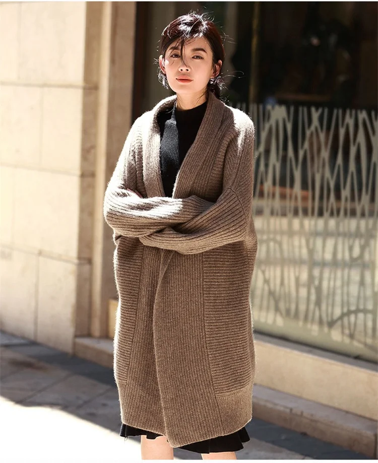 

Spring and autumn new cashmere sweater women's medium and long thickened knitted cardigan lazy wind loose large sweater coat