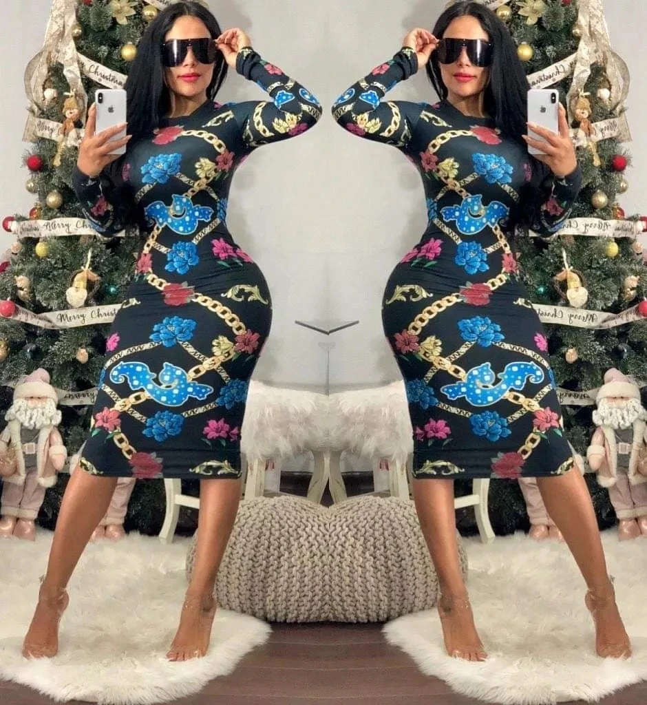 Женское облегающее платье с длинным рукавом и цветочным принтом пикантное