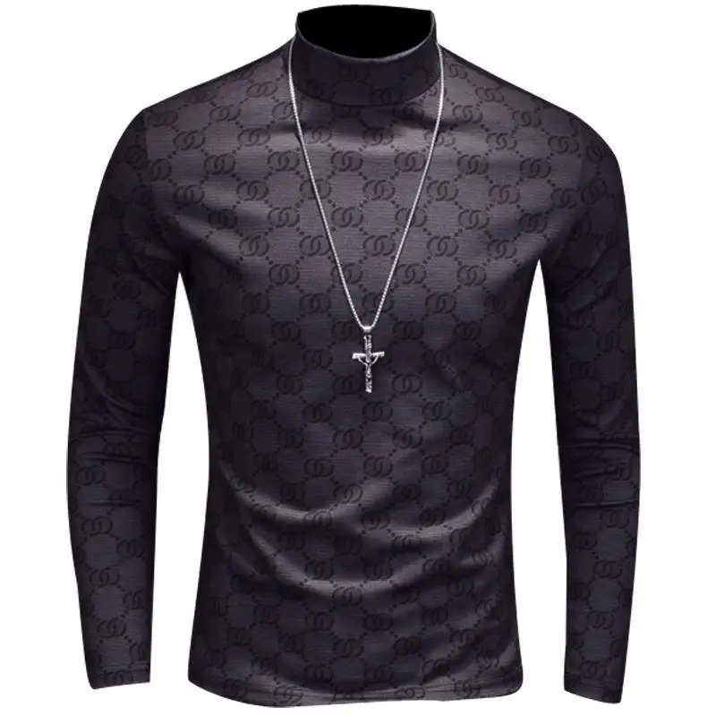

2020 printed, Suede, thick, half-high-necked, undershirt, men's long-sleeved autumn/winter individual t-shirt slim