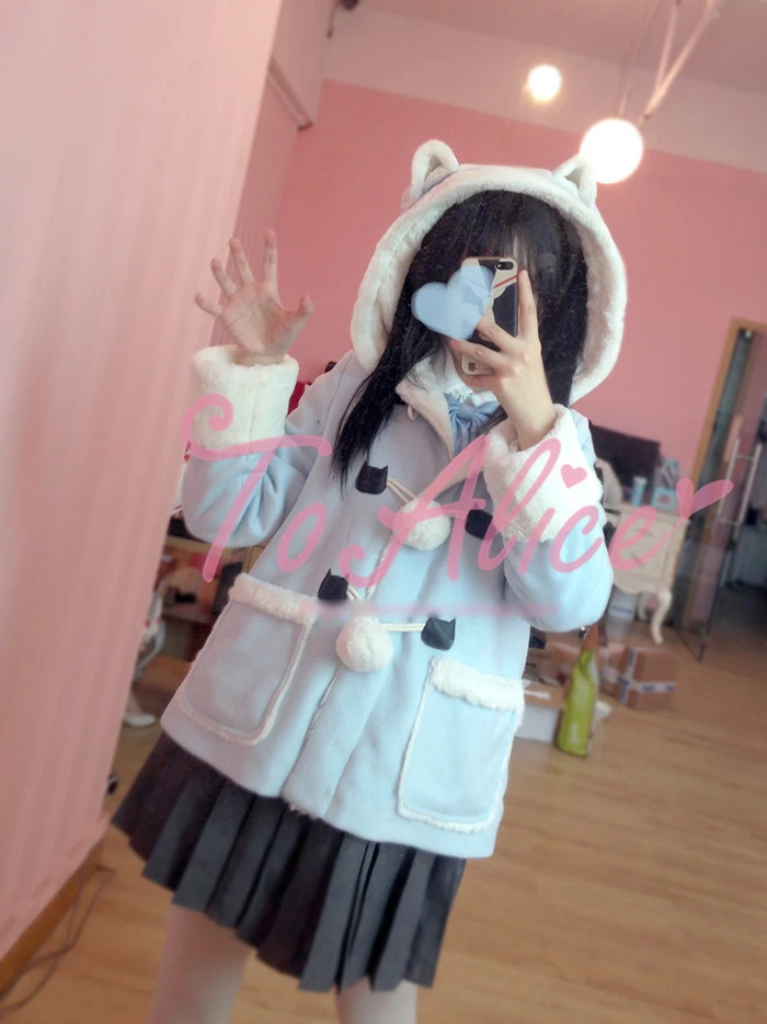 

Super Cute Cat Ear Hat Girls Winter Horn Button Buckle Coat Kawaii Lolita Outwear Women's Hooded Coats Fur Ball Cashmere