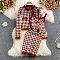 french knitted plaid slip elastic hip wrap knit dress womens 2021 new autumn celebrity sweater coat two piece knitted set