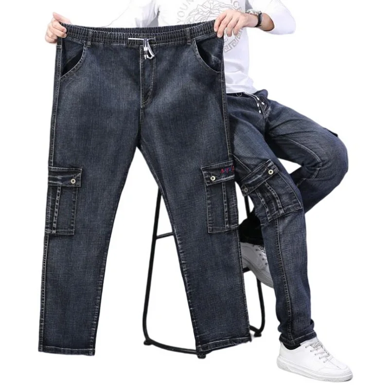 Loose Elastic Jeans Men High Waist Straight Denim Pants Elastic Waist Maximum Fit Weight Obesity 330 lb