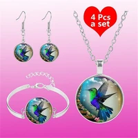beautiful hummingbird art photo jewelry set glass pendant necklace earring bracelet totally 4 pcs for womens fashion party gift