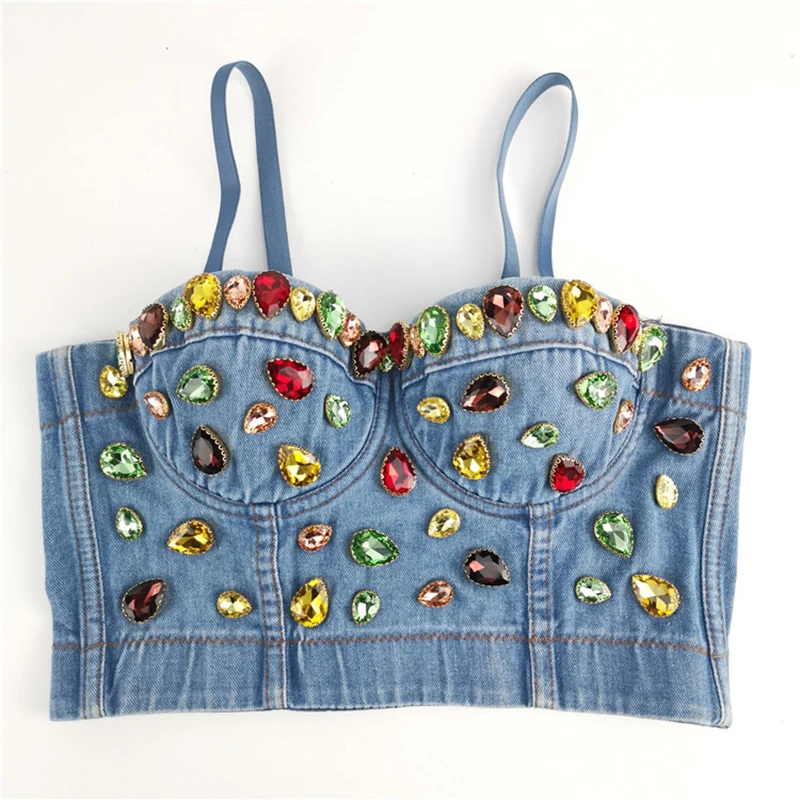 WYS.JL Sexy Body Sculpting Women's Tube Top Gemstone Diamond Denim Camisole Tight Crop Top