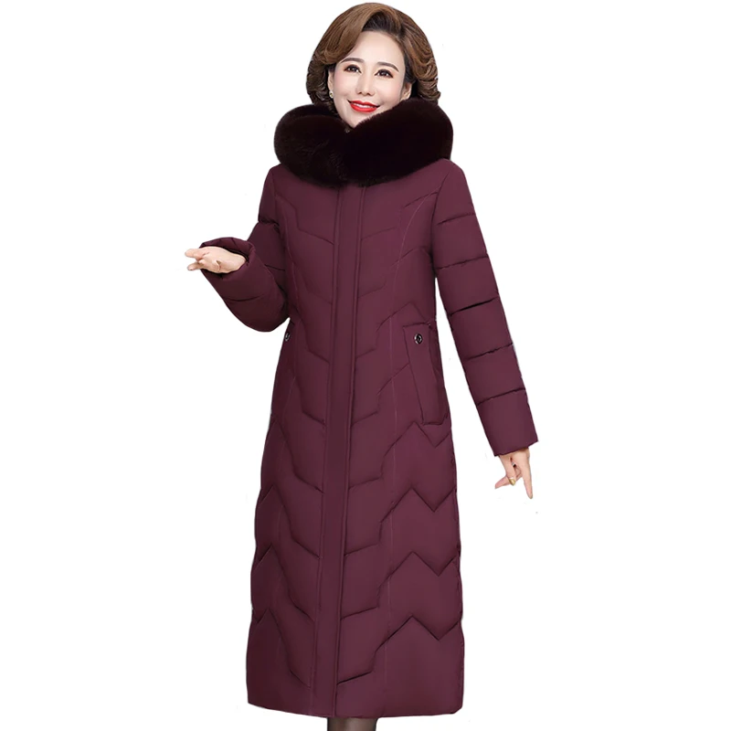 2022 New Middle-aged Women Winter Jacket Hooded Fur Collar Warm Long Parkas Female Thicken Cotton Padded Coat Woman Outwear