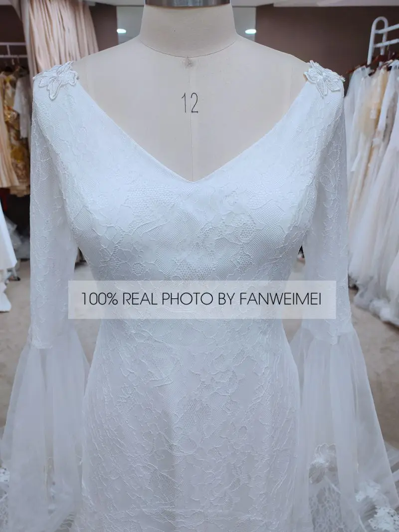 

Long Sleeve Lace V-Neck Backless Luxury Bridal Gown Front Split Sheath Bohemian Wedding Dress with Train Trumpet Sleeve #739