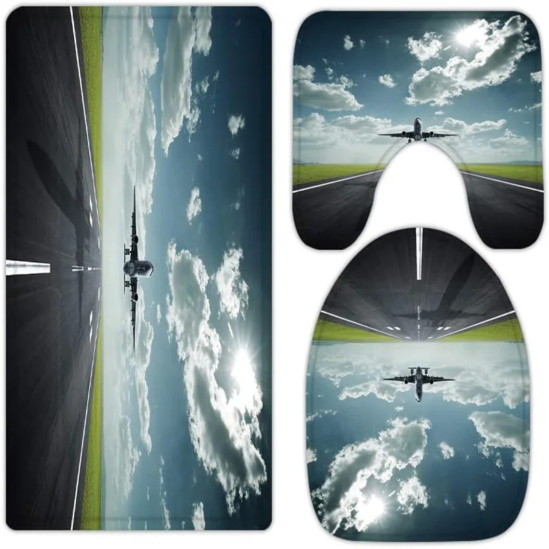 

Airport runway airplane takeoff fun 3-piece bathroom carpet, U-shaped cushion, non-slip goose down toilet seat, washable
