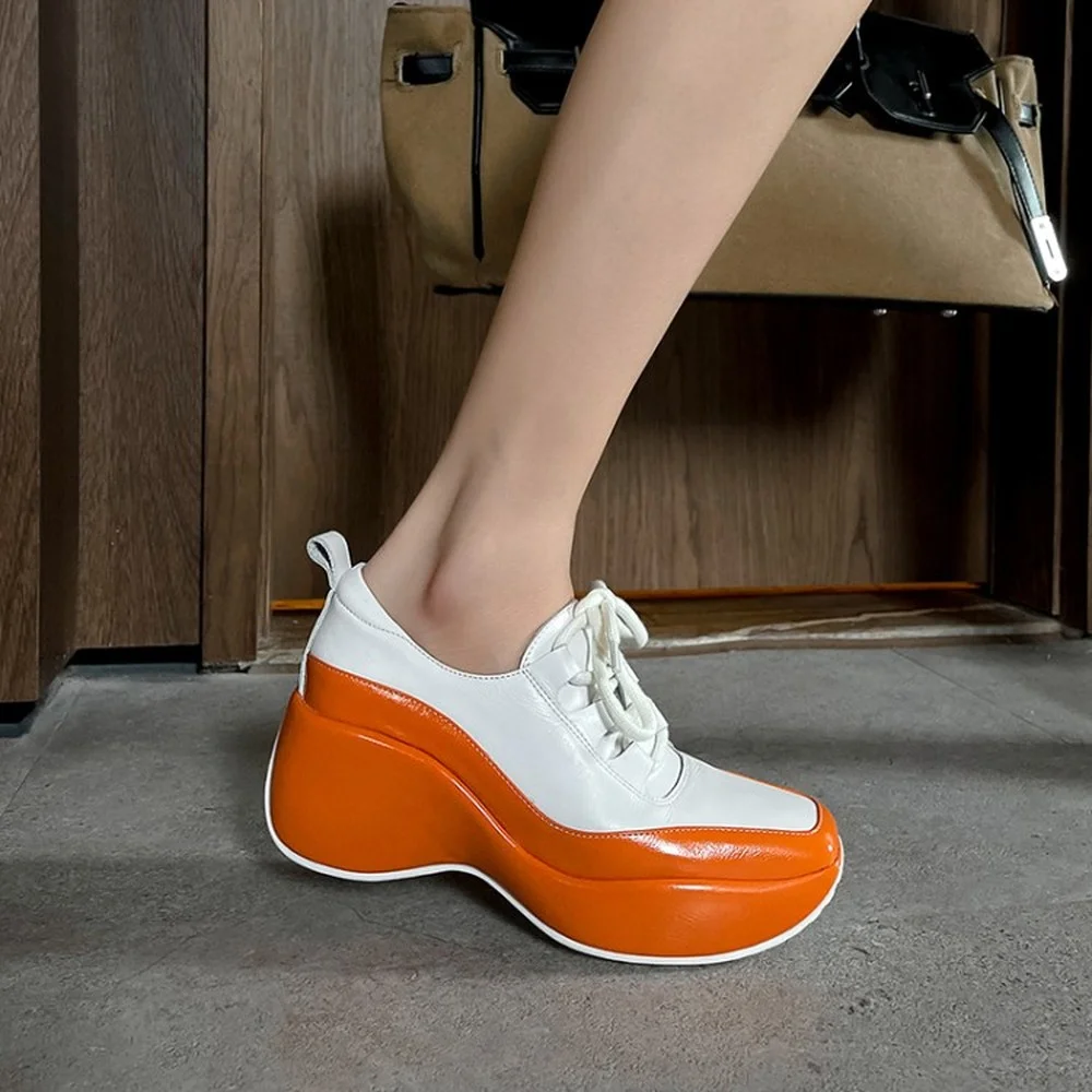 

Womens Platform Real Leather Match Colors Chunky High Heel Pumps Shoes Oxfords Lace Up Retro High Quality New 2022