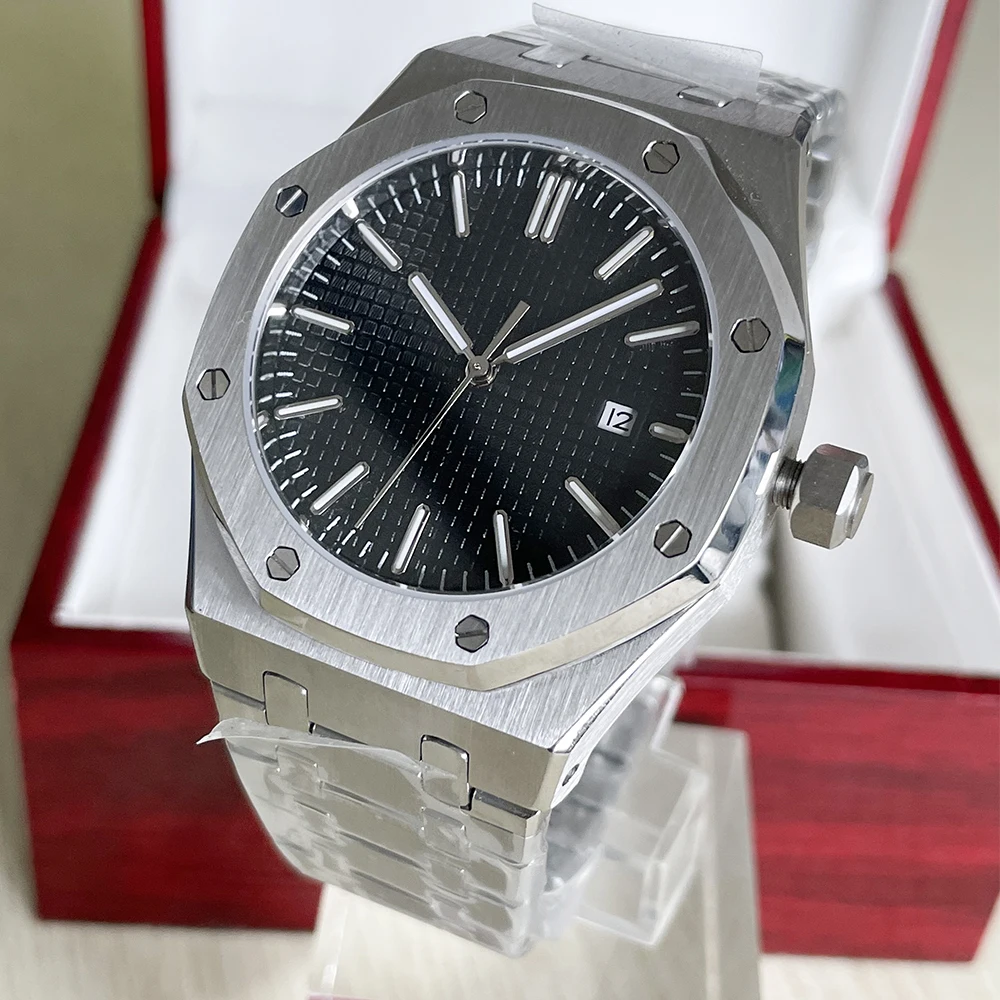Luxe Nieuwe Mode Zilveren Mannen 42Mm Saffierglas Mechanisch Horloge Automatische Datum Rvs Zwart Blauw Wijzerplaat
