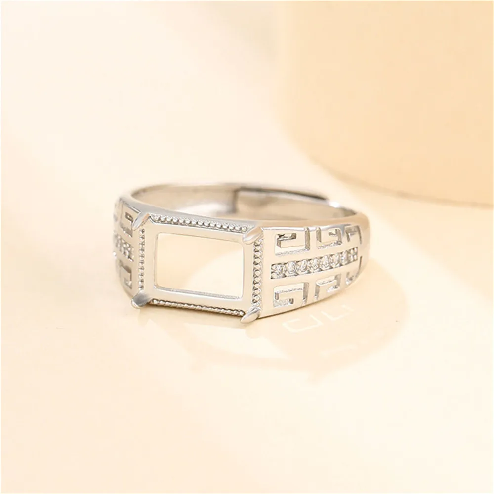 Ring Setting for 7x10mm Rectangle Cabochons Ring Blank White Gold Plated 925 Silver Zircon Adjustable Ring Base SR0153
