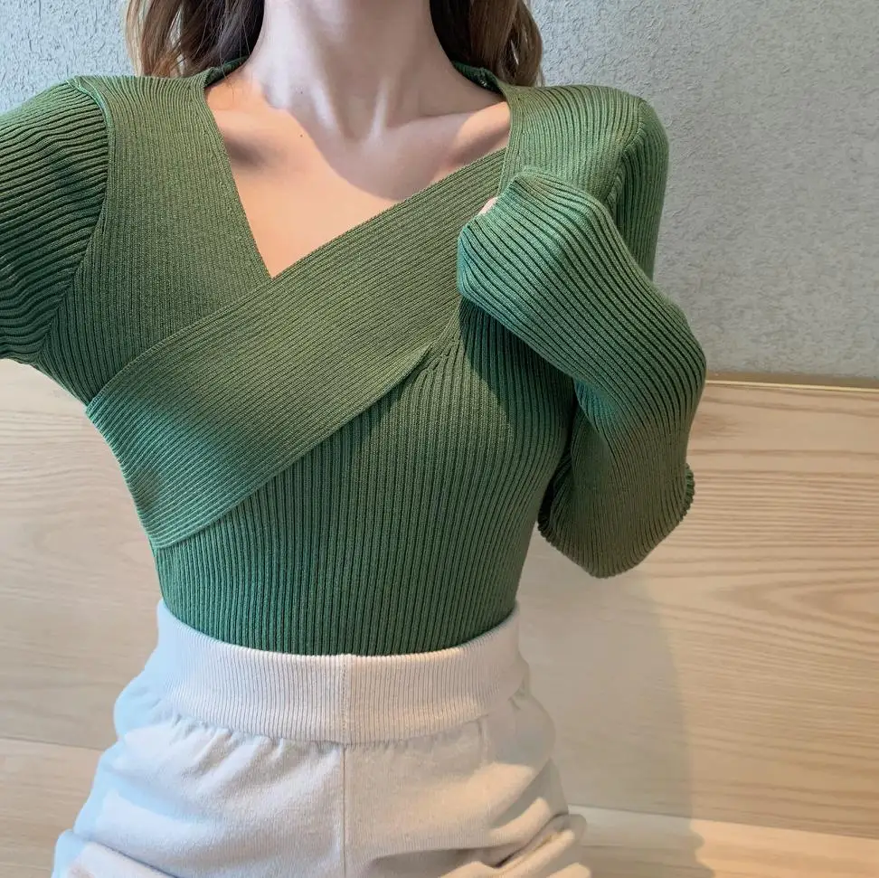 

Sexy V-Neck Autumn Sweater Women Corss Korean Jumpers Long Sleeve Elegant Vintage Harajuku Knitwear Thicken Slim Fit
