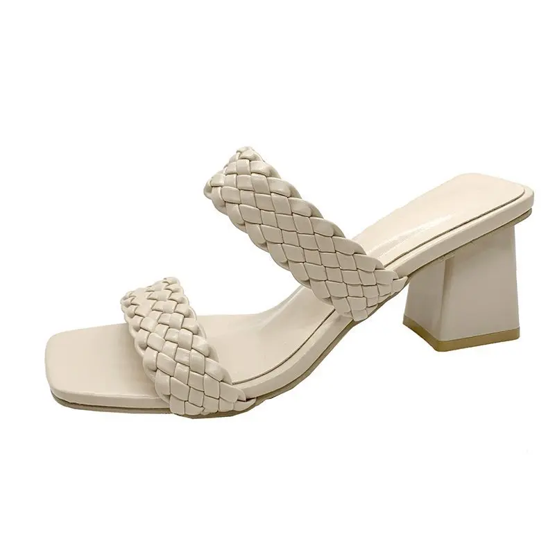

2021 new summer high-heeled thick heel open-toe one-line slippers women's large size sandals and slippers for women slippers
