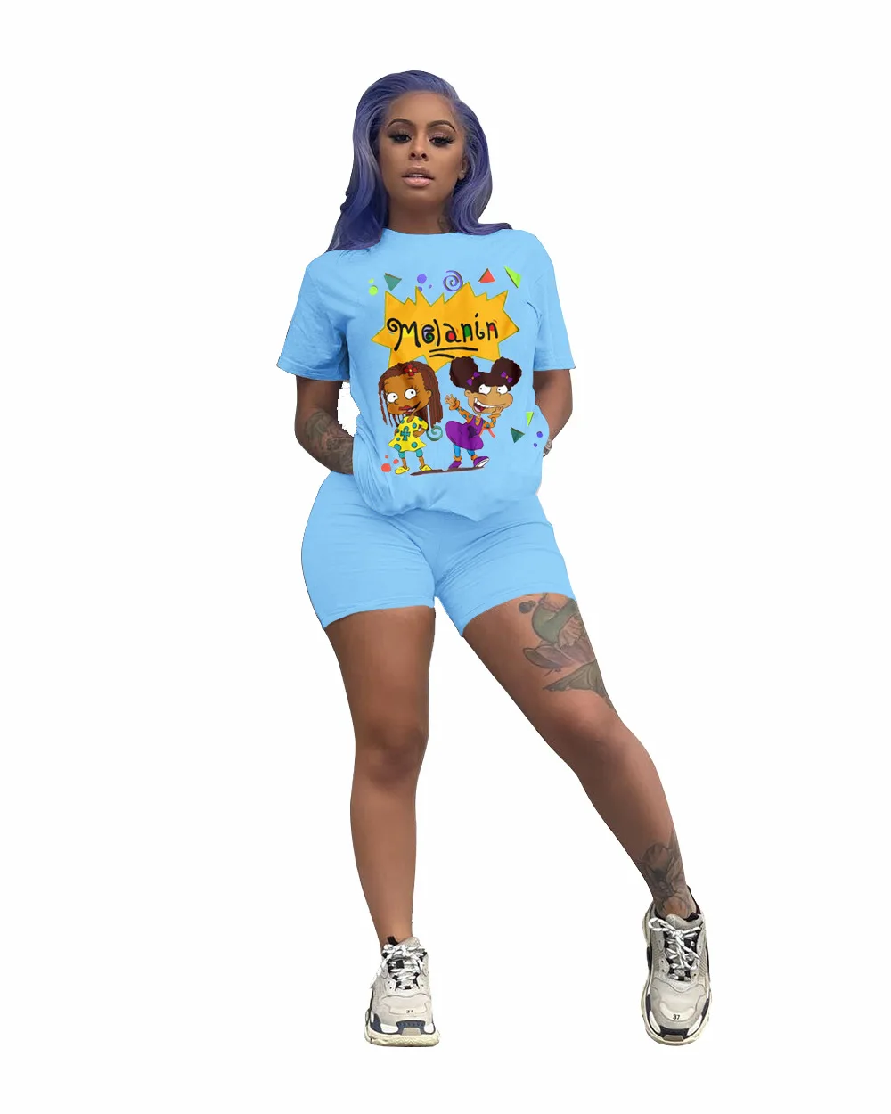 Fitness Biker Shorts Set Lounge Tracksuit Women Summer Clothes T Shirt Two Piece Cartoon Print Jogging Femme 2020 |