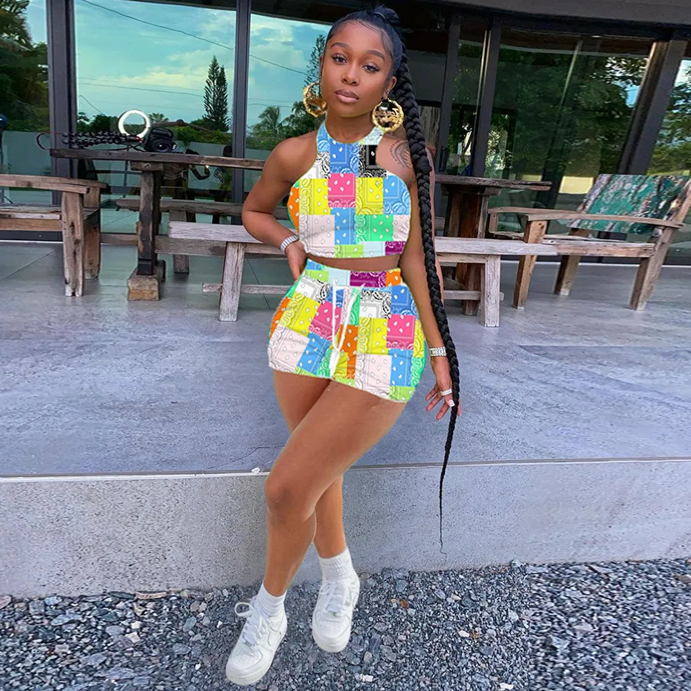 

Paisley Cashew Pattern Vest Shorts Casual Sports Suit for Women Sleeveless Halter Crop Top and High Waist Drawstring Biker Short