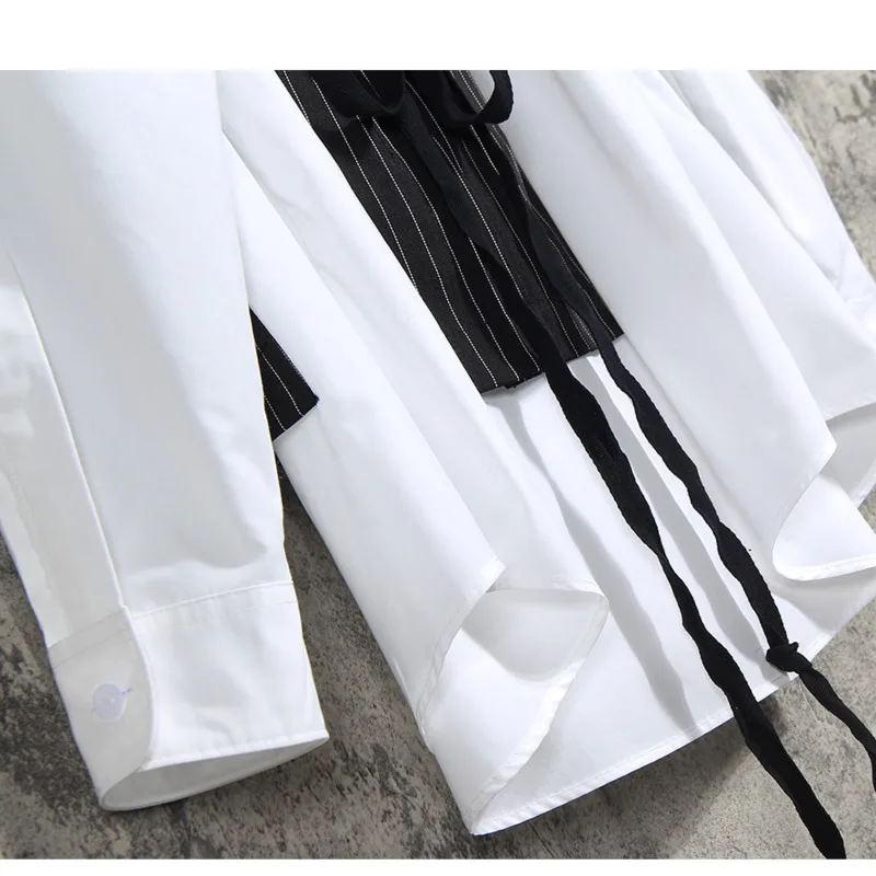 

[DEAT] Lapel Collar Patchwork Shirt Lace Up Waist Fake Two Piece Full Sleeve Pockets Runway Style New Fashion 2021 Spring GX133