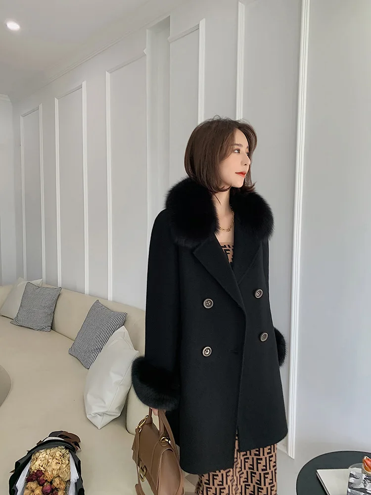 

Natural Fox Fur Collar Cashmere Wool Blends Midi Outerwear 2021 Winter Jacket Female Coat Streetwear