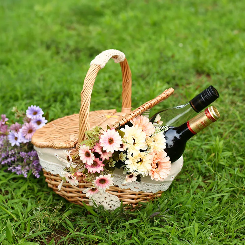 Плетеная из горного хрусталя плетеная корзина с крышкой и ручкой для пикника